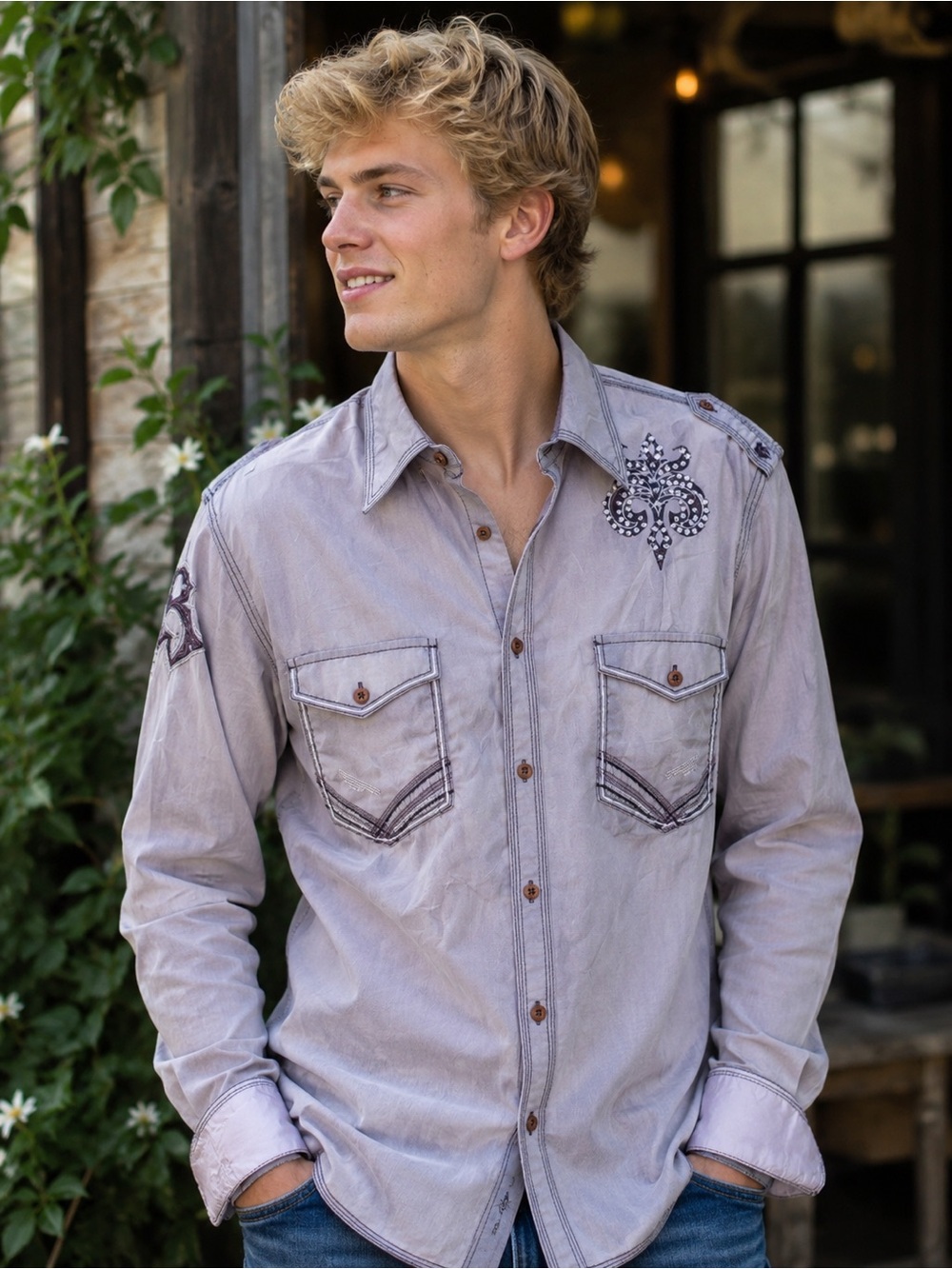 Vintage Y2K Roar Men's Embroidered Button-Up Shirt in Light Gray
